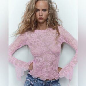 Pink Delicate Lace Top with Flared Sleeves